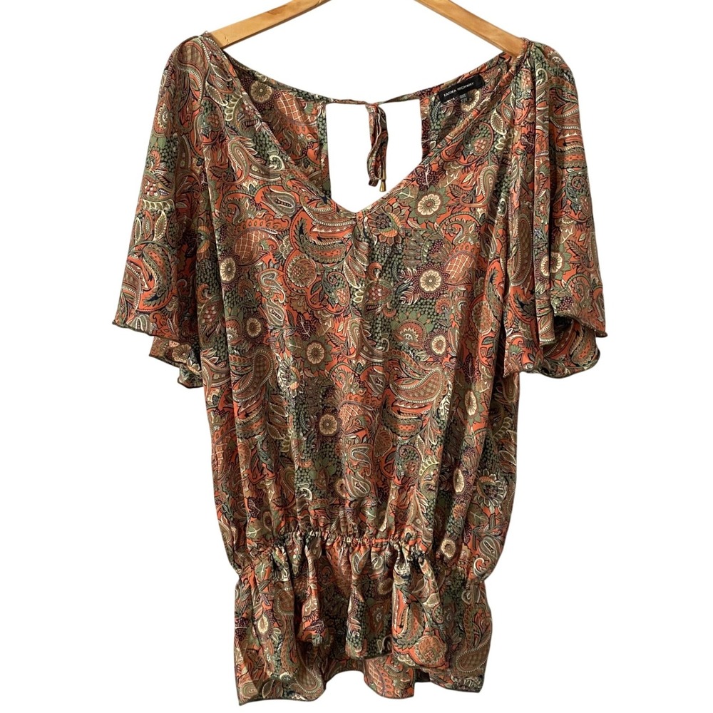 Karma Highway Peasant Boho Paisley Flutter Sleeve Open Back Tie‎ Blouse One Size